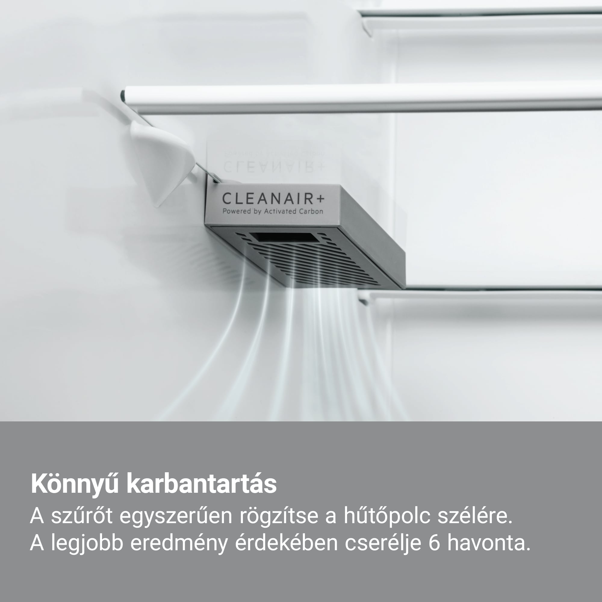 Könnyű karbantartás Egyszerűen rögzítse a hűtőpolc szélére. A legjobb eredmény érdekében cserélje a szűrőt 6 havonta