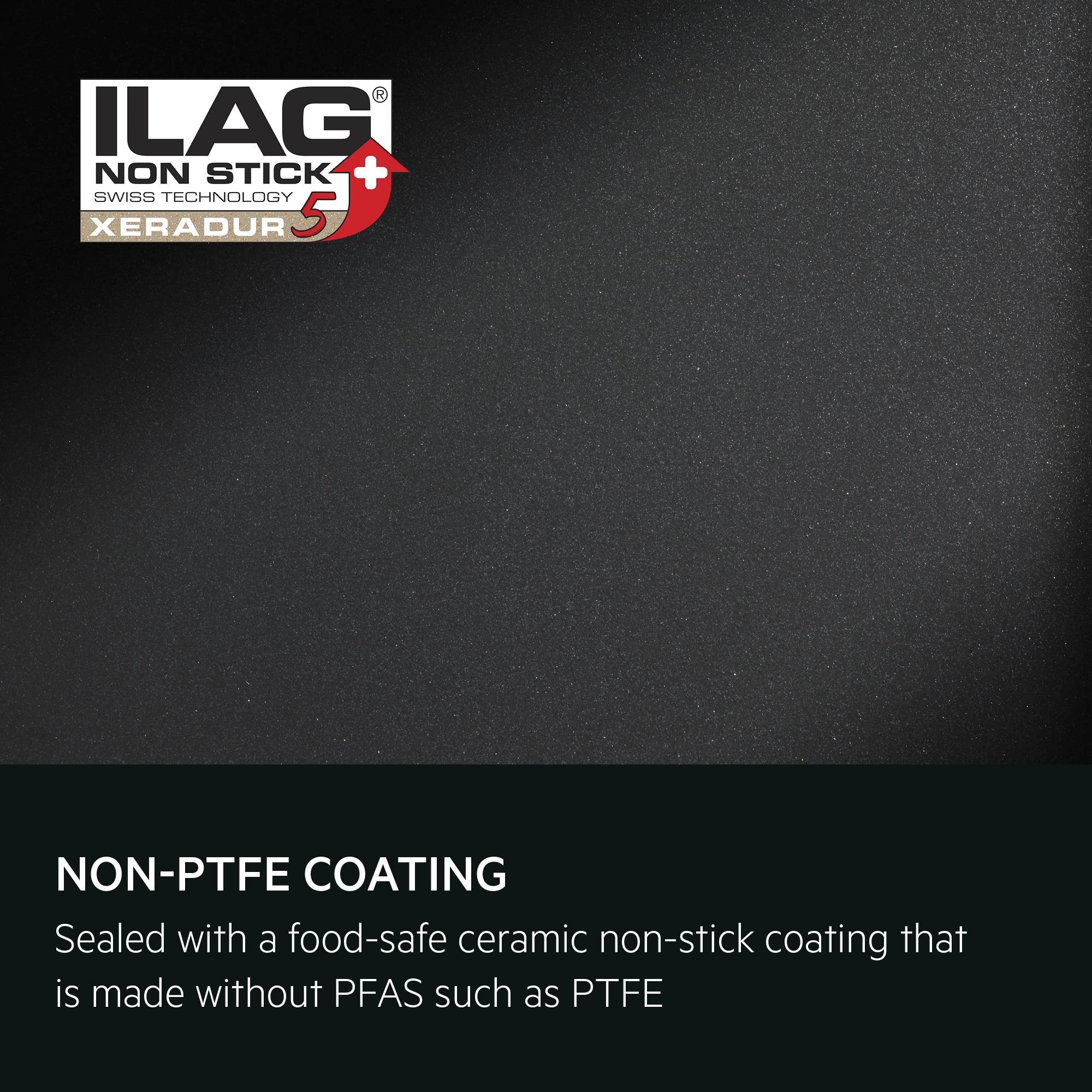 Non-PTFE coating. Sealed with a food-safe ceramic non-stick coating that is made without PFAS such as PTFE