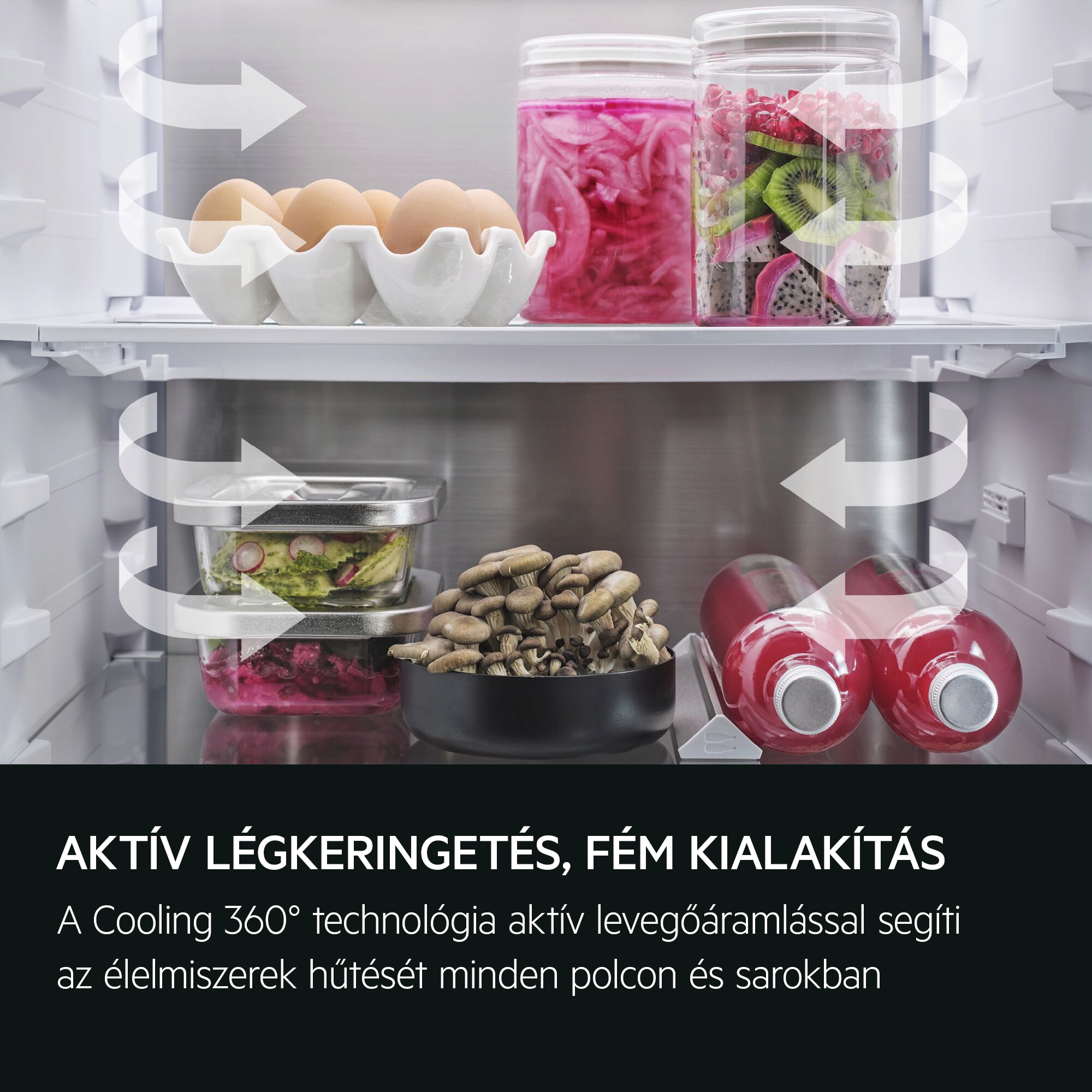 Aktív légkeringetés, fém kialakítás Cooling 360°: aktív levegőáramlás minden sarokban, így segíti az élelmiszerek hűtését minden polcon