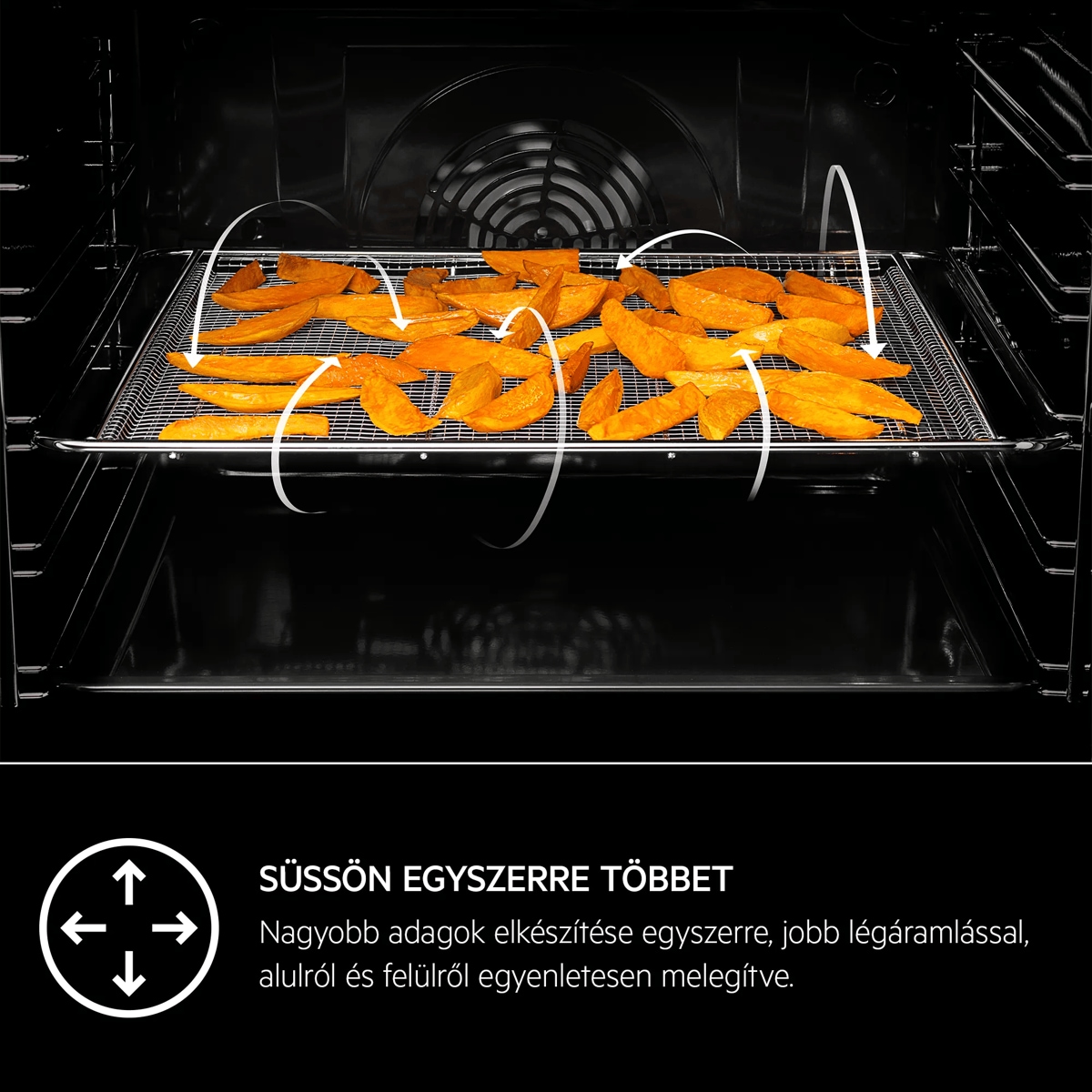 SÜSSÖN EGYSZERRE TÖBBET Nagyobb adagok elkészítése egyszerre, jobb légáramlással, alulról és felülről egyenletesen melegítve.