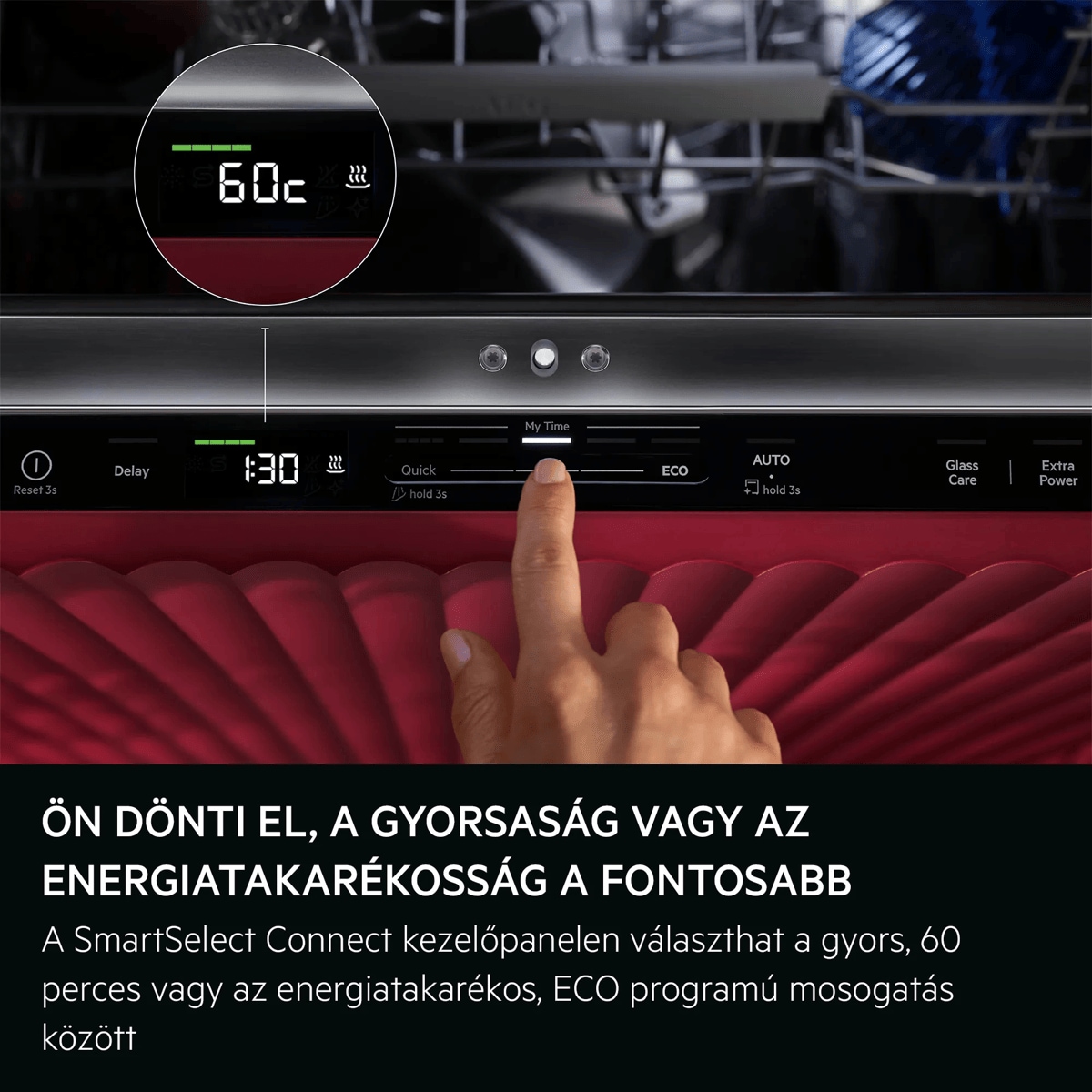 VÁLASSZA A GYORSASÁGOT VAGY A HATÉKONYSÁGOT SmartSelect: Tisztítás gyorsan, 60 perc alatt, vagy energiatakarékos mosogatás az ECO programmal.