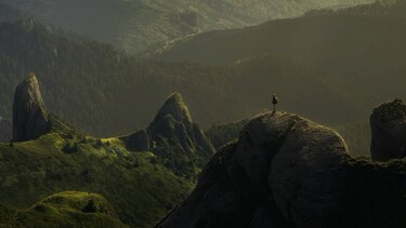 Woman standing on top of mountain